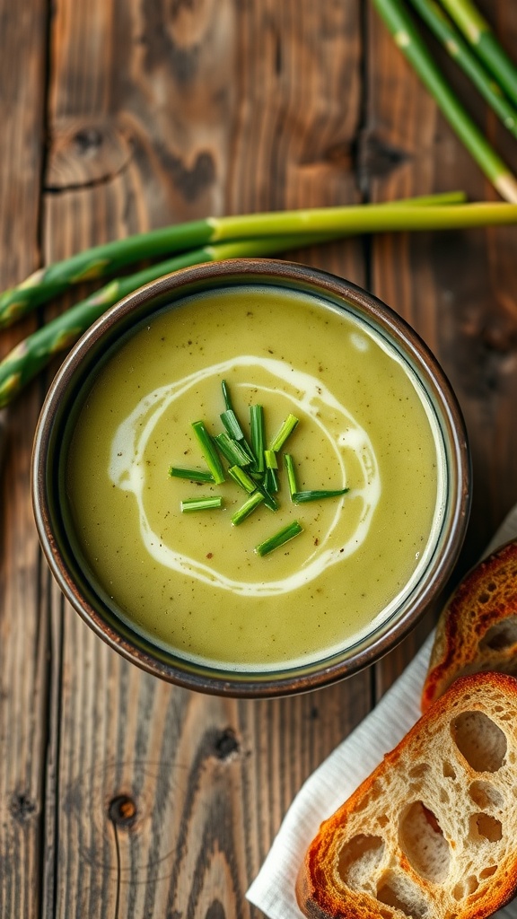 A vibrant bowl of creamy asparagus and leek soup garnished with chives, served with crusty bread.